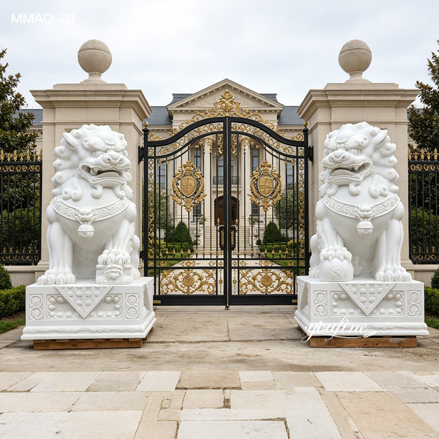 White marble Chinese guardian lion foo dog statue pair at traditional Chinese gate, hand carved natural stone lion sculpture for courtyard decoration