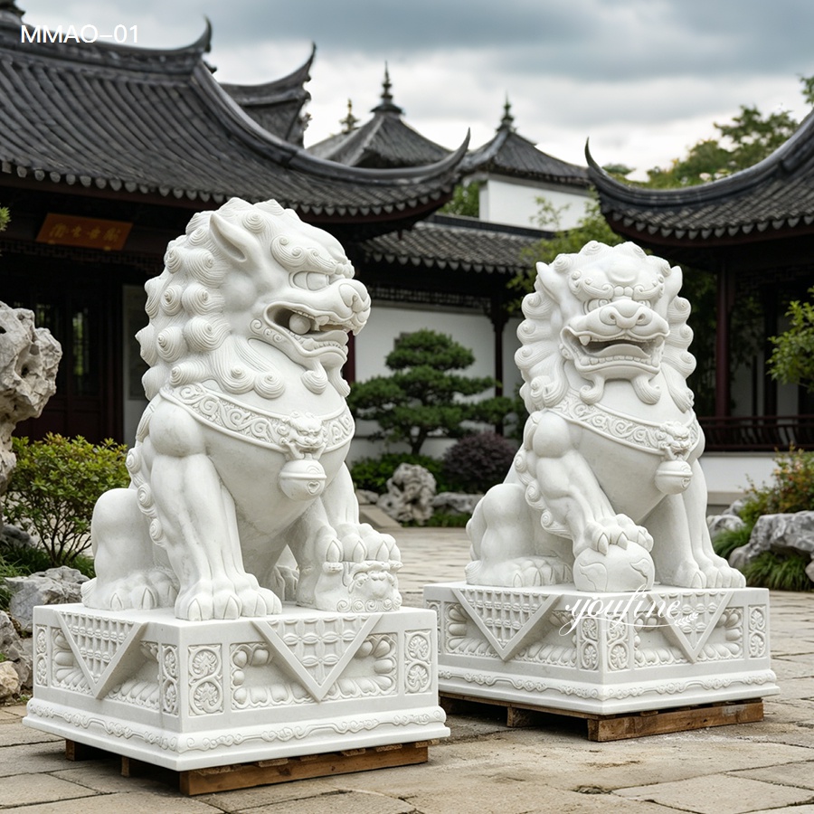 Pair of white marble Chinese foo dog statues, hand carved natural stone guardian lion sculptures for garden and courtyard