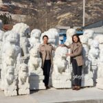 Size comparison of custom white marble Chinese foo dog guardian lion statues, showing different height options for entrance use