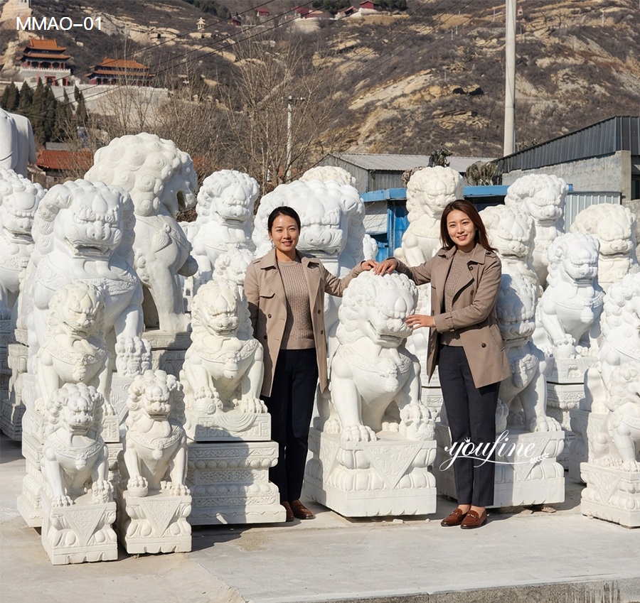 Size comparison of custom white marble Chinese foo dog guardian lion statues, showing different height options for entrance use
