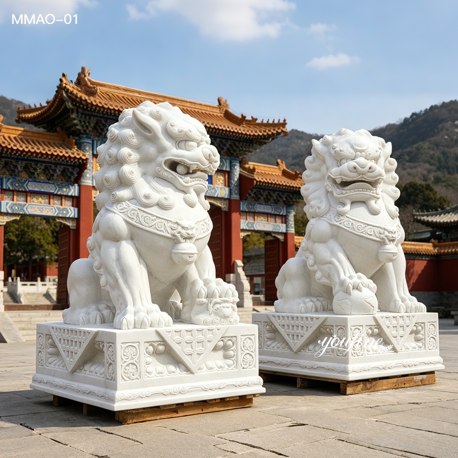 White marble Chinese guardian lion foo dog statue pair at traditional Chinese gate, hand carved natural stone lion sculpture for courtyard decoration