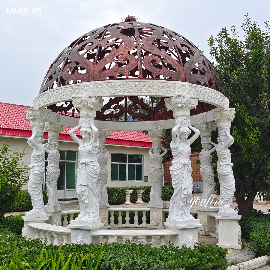 full view of an 8-column round garden gazebo, crafted from white marble with hand-carved female caryatid statues as columns, topped with an ornate copper dome for luxury outdoor use