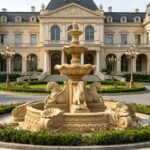 antique marble horse fountain in a garden courtyard