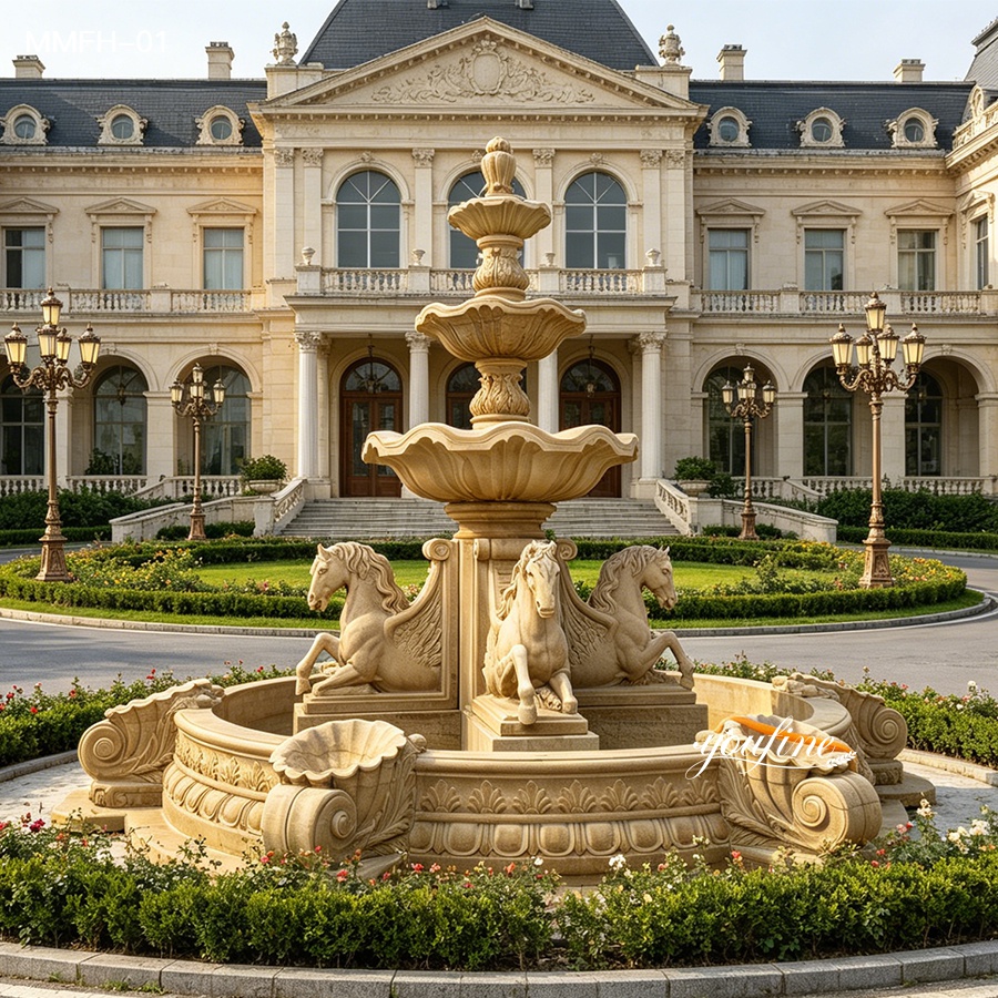 antique marble horse fountain in a garden courtyard