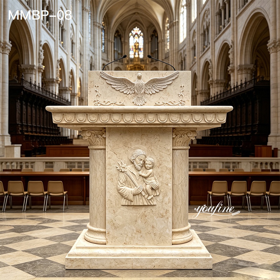 Hand-carved beige marble pulpit with Holy Spirit dove and saint relief, church lectern in modern church setting