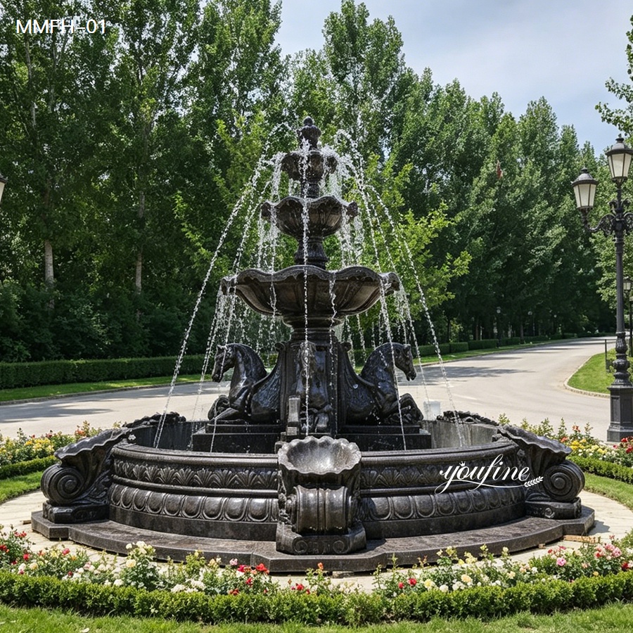 black marble horse fountain with three tier design