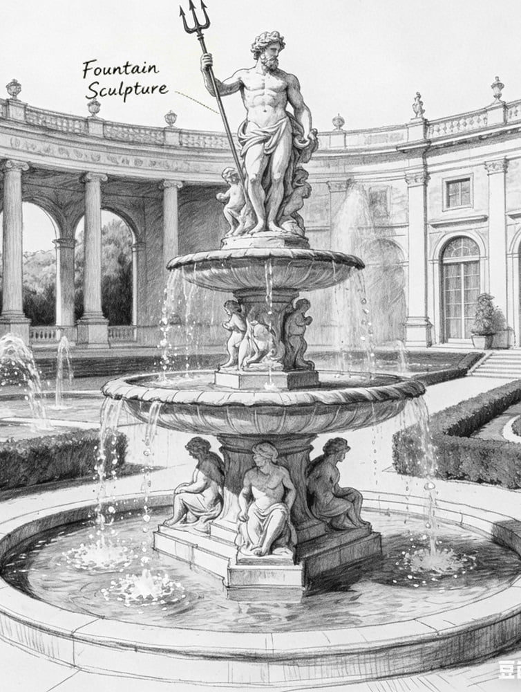 Classic Neptune Fountain Hand-Drawn Design Sketch