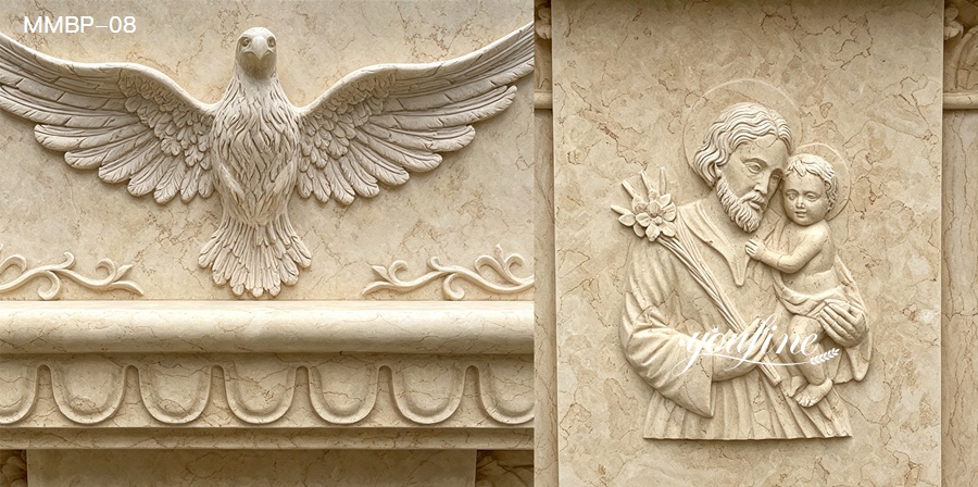 Close-up view of carved marble pulpit details, featuring Holy Spirit dove and saint with child relief