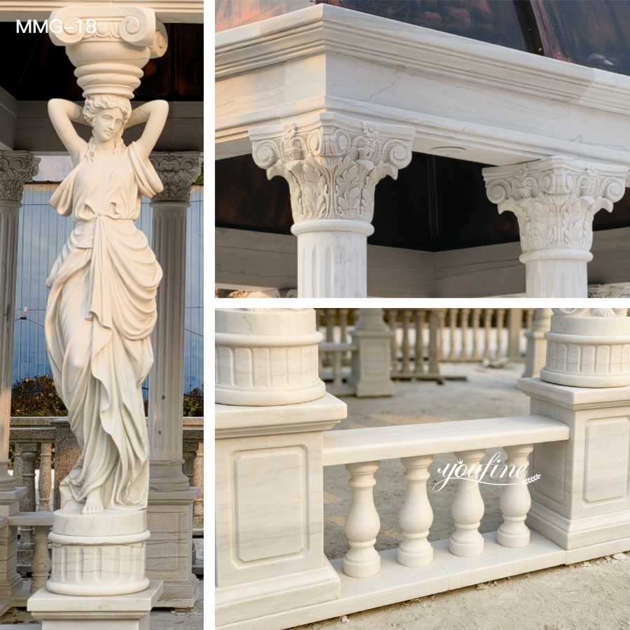 Close-up details of the hand-carved caryatid figures, marble columns, and balustrade of the gazebo.