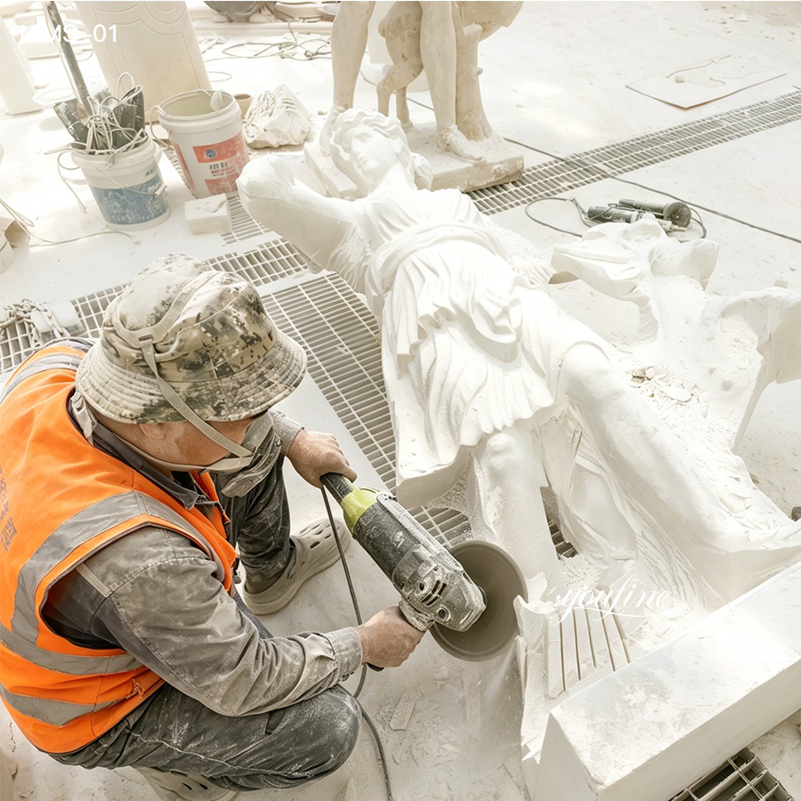 40+ years experienced craftsman carving natural white marble Diana of Versailles statue, showing handcrafted process and quality control