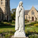 Custom Our Lady of Fatima marble statue, natural white marble Virgin Mary sculpture in front of church, detailed carved religious marble statue for church decoration