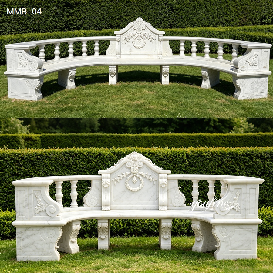 White marble garden benches in different sizes with carved backrests and classical column supports
