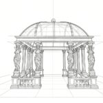 Line design sketch showing the structure of the square marble gazebo with four caryatid columns.