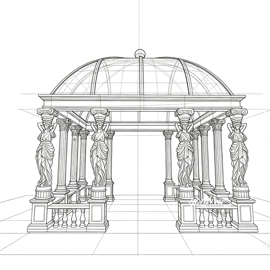 Line design sketch showing the structure of the square marble gazebo with four caryatid columns.