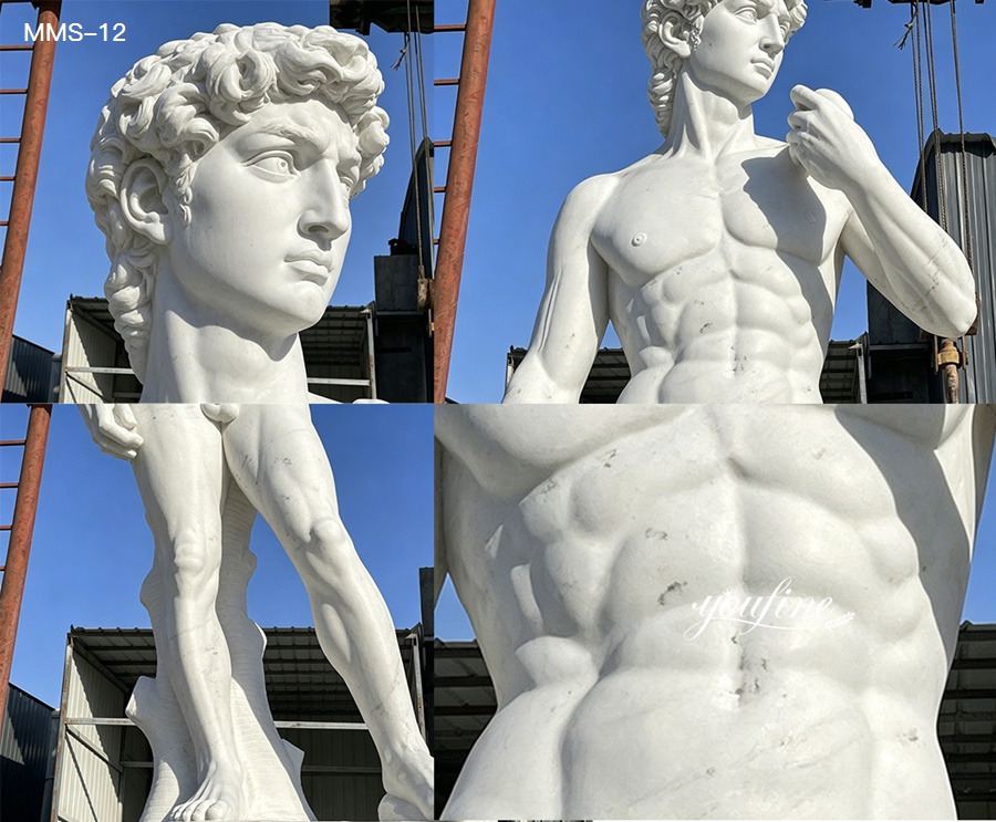 Close‑up details of hand carved marble David statue muscle and face