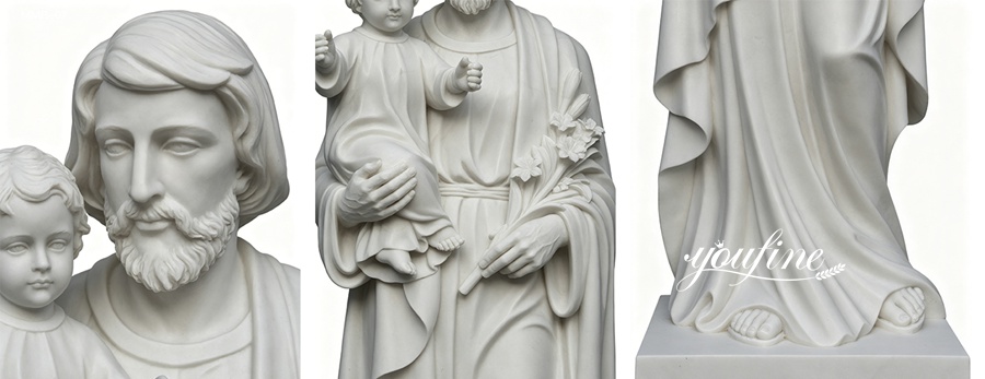 Close-up details of a hand-carved marble St Joseph statue, showing his gentle face, the baby Jesus in his arms, and flowing robe folds.