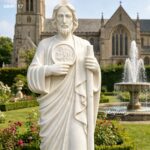 Close-up of a marble St. Jude statue in a blooming garden, highlighting the smooth texture of the high-quality marble and detailed carvings.