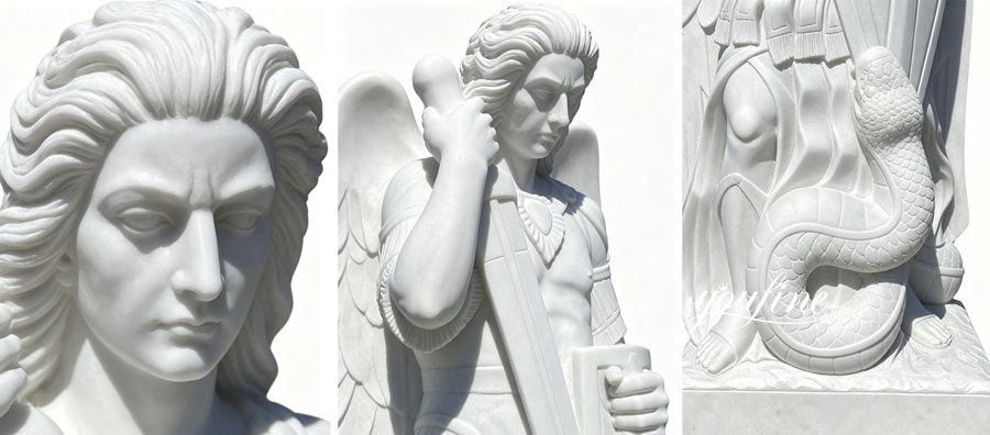 Close-up details of marble St Michael the Archangel statue, showing facial features, wings, and serpent carving