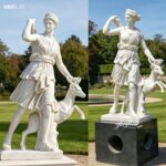 Comparison of life-size marble Diana of Versailles statue with and without black marble base, showing stability and display effect for outdoor use