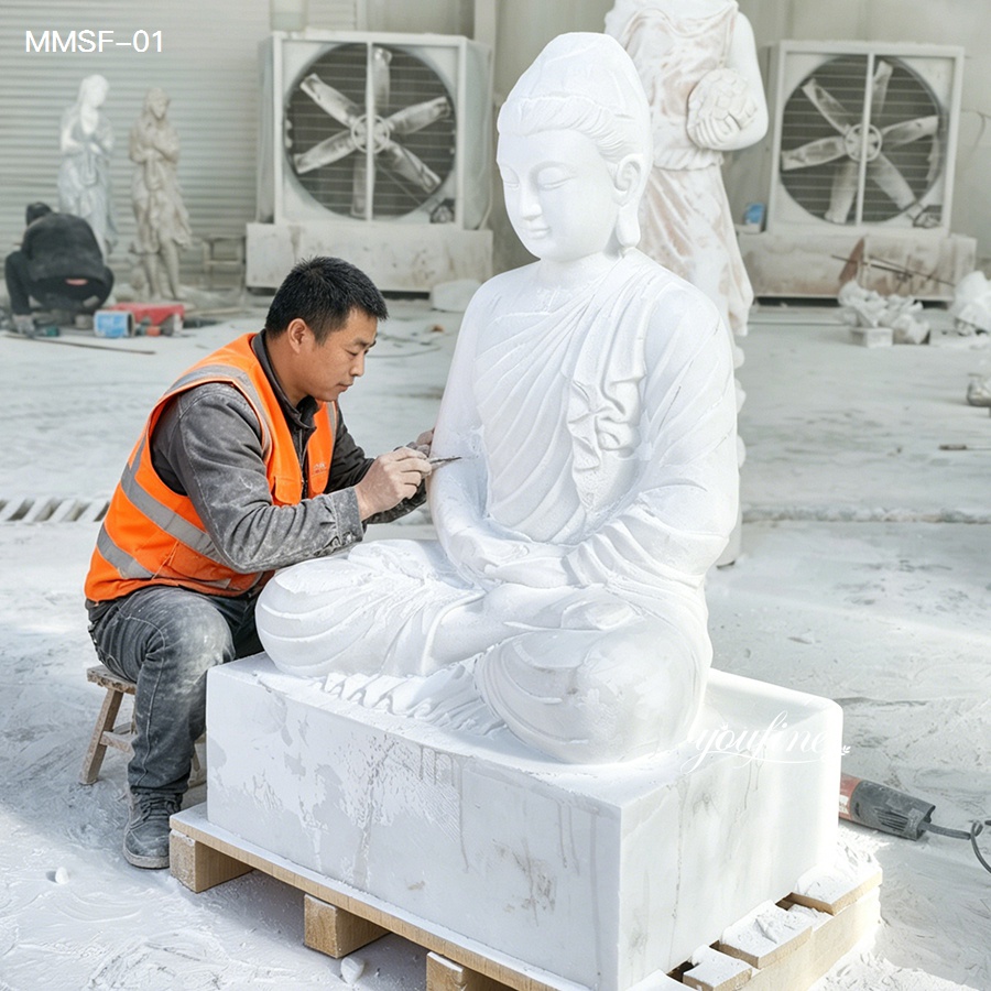 40+ years factory sculptor hand carving marble Buddha statue, showing traditional craftsmanship process