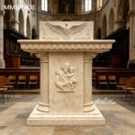 Beige marble church pulpit with hand-carved Holy Spirit dove and saint figure relief, natural stone lectern for religious use