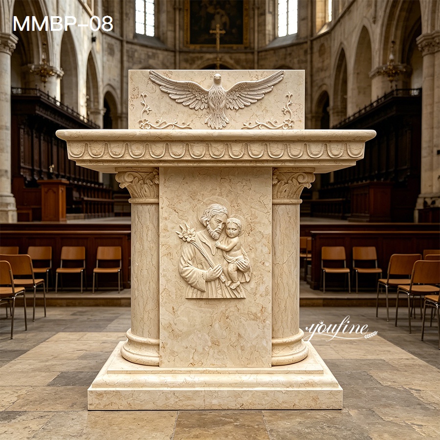 Beige marble church pulpit with hand-carved Holy Spirit dove and saint figure relief, natural stone lectern for religious use