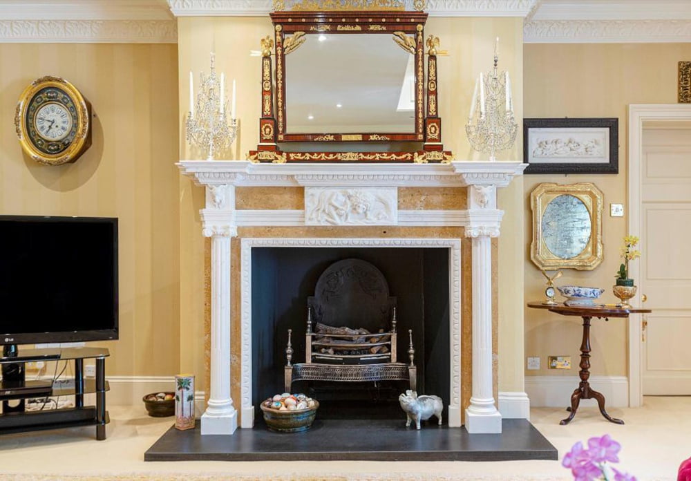 Hand-Carved British Style White Marble Fireplace Mantel