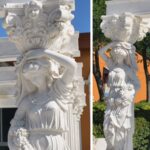 Close-up of the hand-carved caryatid details on the marble garden stone gazebo, showing delicate robes and floral patterns.