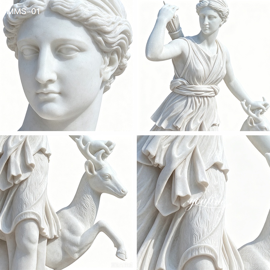 Close-up details of life-size marble Diana of Versailles statue, showing hand-carved goddess face, deer figure, fabric folds and natural marble texture