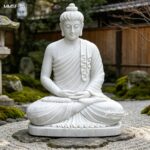 Hand carved marble Buddha statue in classic meditation mudra, natural stone for zen garden decoration