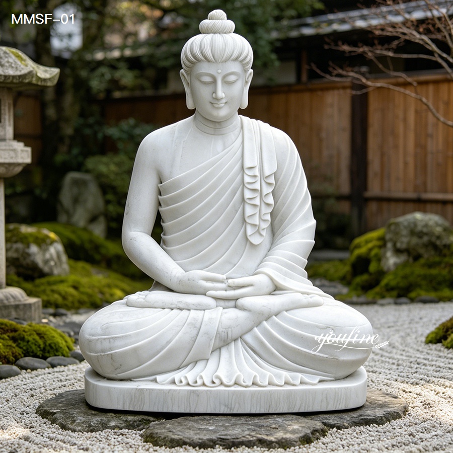Hand carved marble Buddha statue in classic meditation mudra, natural stone for zen garden decoration