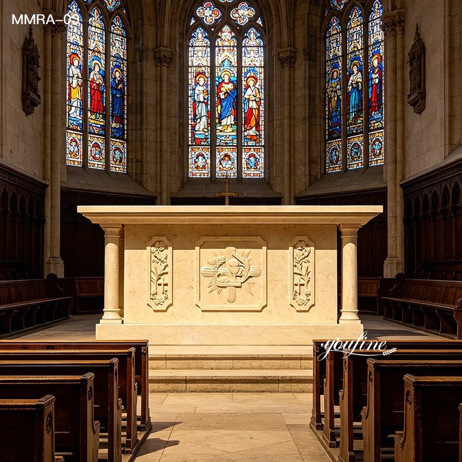 Cream Marble Catholic Altar Table with Religious Carvings in Church