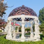 luxury round marble garden gazebo with detailed female figure carvings, perfect for villa and backyard decor