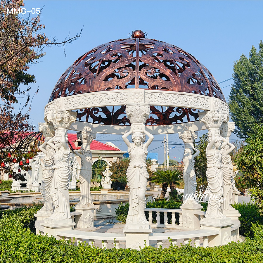 luxury round marble garden gazebo with detailed female figure carvings, perfect for villa and backyard decor
