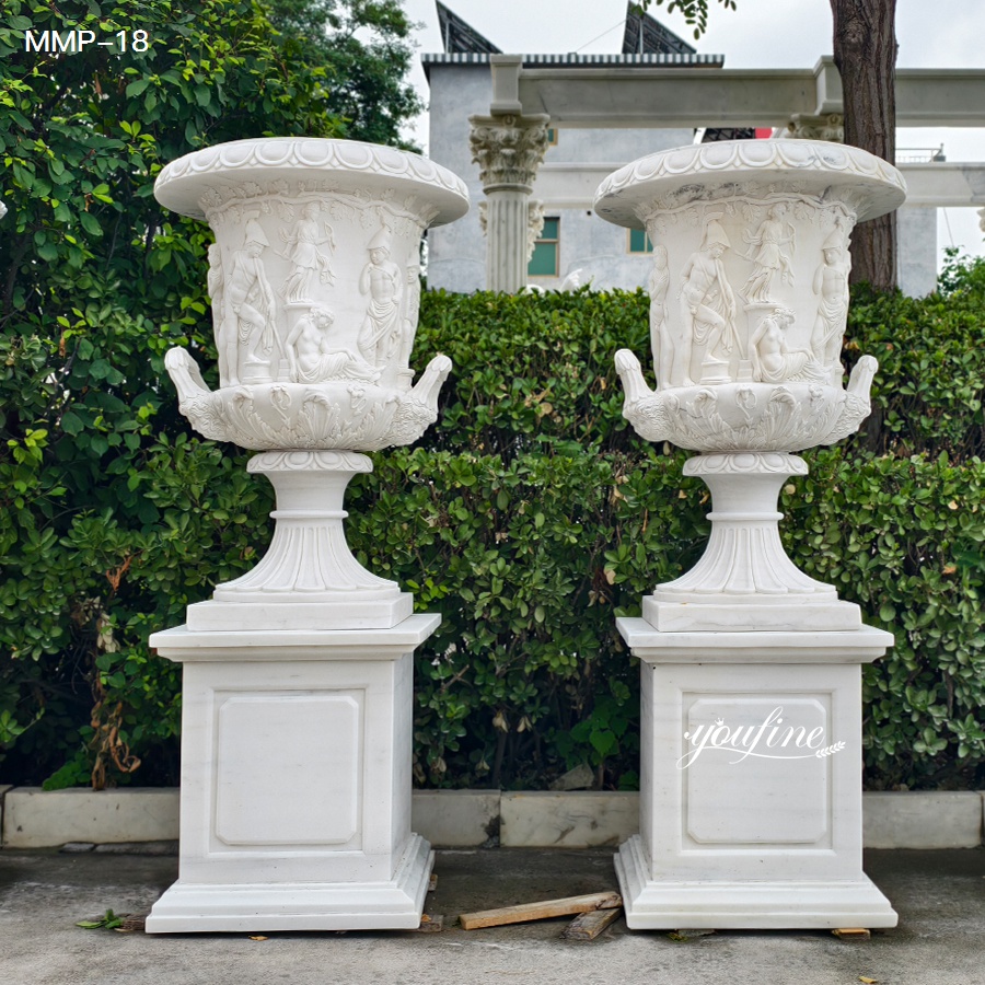 Pair of classic marble flower pots for outdoor garden decoration
