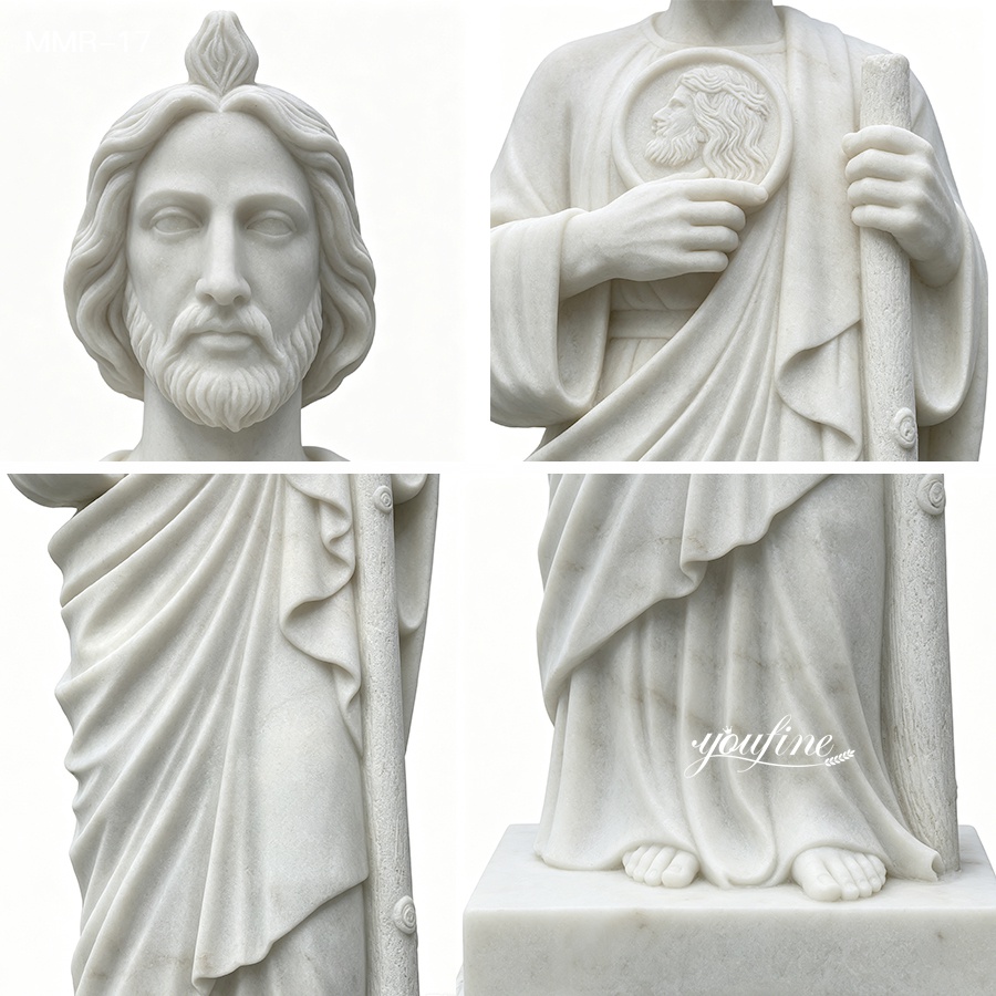 Close-up details of a hand-carved marble St. Jude statue, showing the intricate features of the face, staff, and the image of Jesus on the chest.