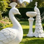 Detailed carving of white marble peacock sculpture and stone flower pot for garden decor