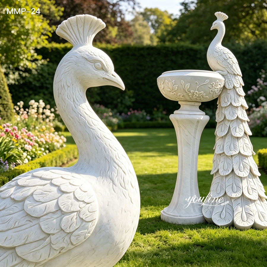 Detailed carving of white marble peacock sculpture and stone flower pot for garden decor