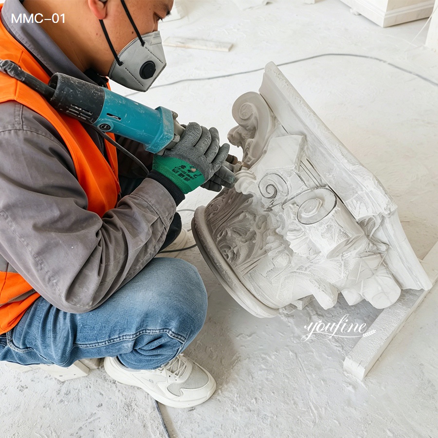 YouFine artisan hand carving details of white marble column for architectural decor