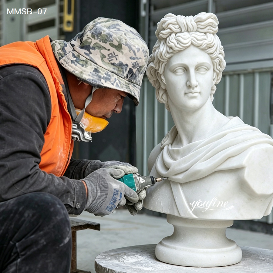 Hand carved white marble Apollo statue bust