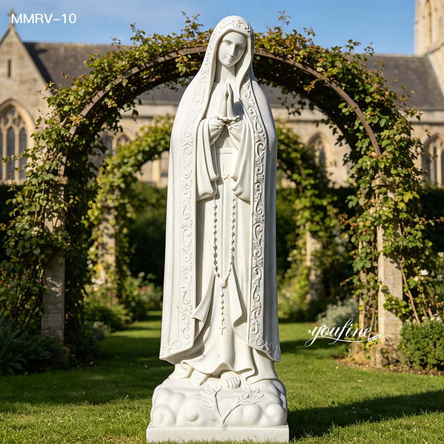 High quality Our Lady of Fatima marble statue, life size white marble Virgin Mary sculpture under garden arch, religious marble statue for church yard and outdoor religious spaces