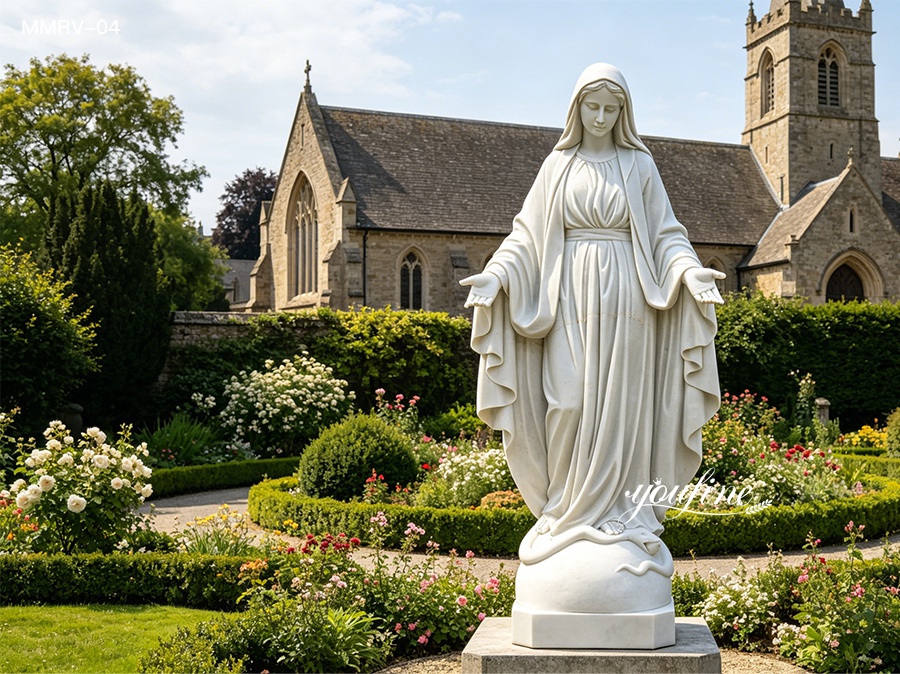 life size white marble mary statue, blessed virgin mary sculpture, outdoor church garden decor