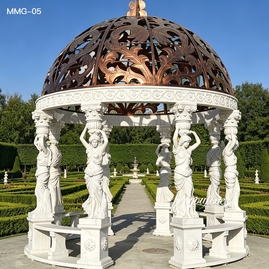 large round garden gazebo crafted from white marble, supported by 8 hand-carved caryatid statues, with an intricate copper dome and built-in stone benches for garden relaxation