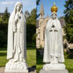 Our Lady of Fatima marble statue options, two styles of white marble Virgin Mary sculptures with and without crown, hand carved religious marble statues for church and cemetery