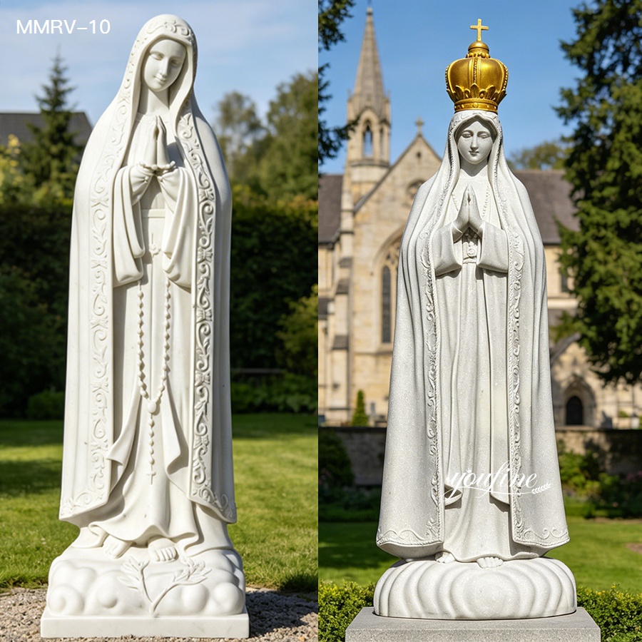 Our Lady of Fatima marble statue options, two styles of white marble Virgin Mary sculptures with and without crown, hand carved religious marble statues for church and cemetery