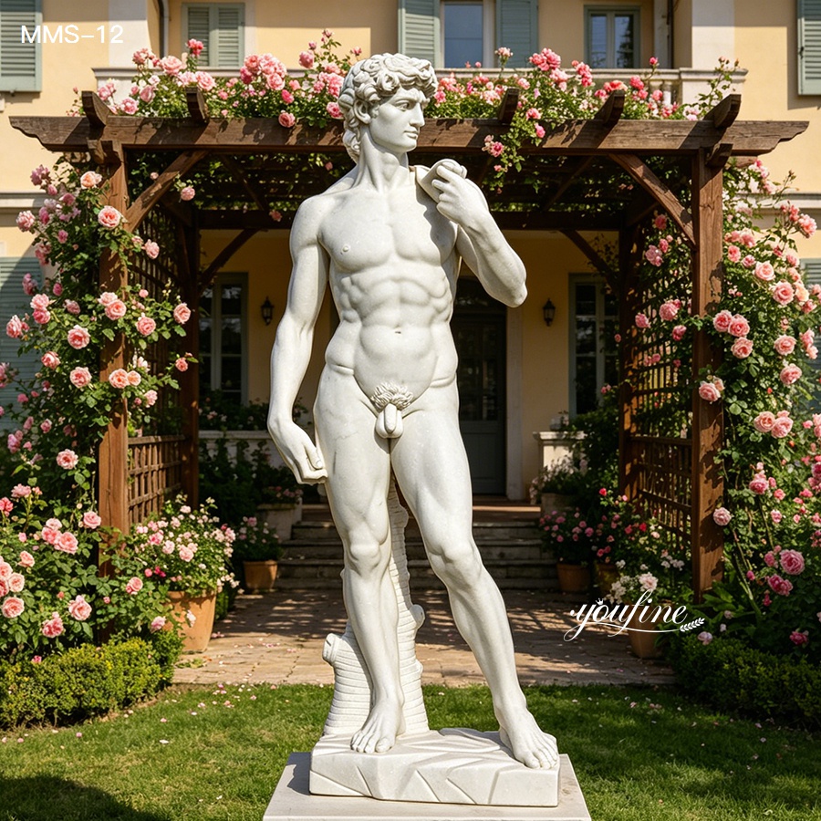 Natural marble David statue placed in romantic garden with flowers