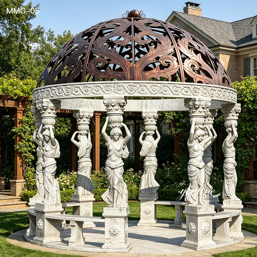 elegant round garden gazebo made of polished white marble, featuring detailed caryatid statue columns and an openwork copper dome, perfect for villa garden landscaping