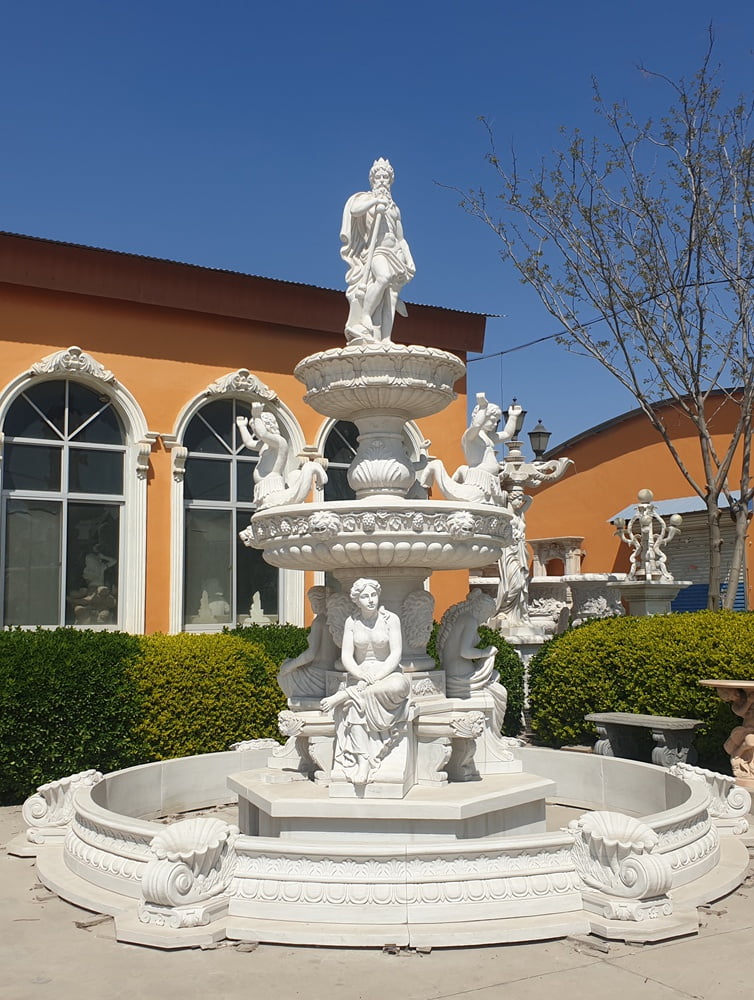 Majestic Finished White Marble Neptune Fountain