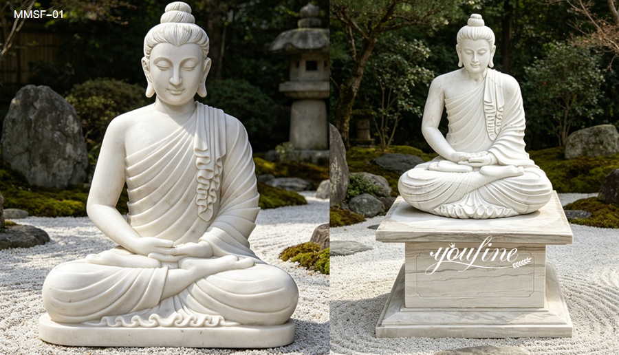 Marble Buddha statue with optional stone pedestal, customizable size and base design for your space