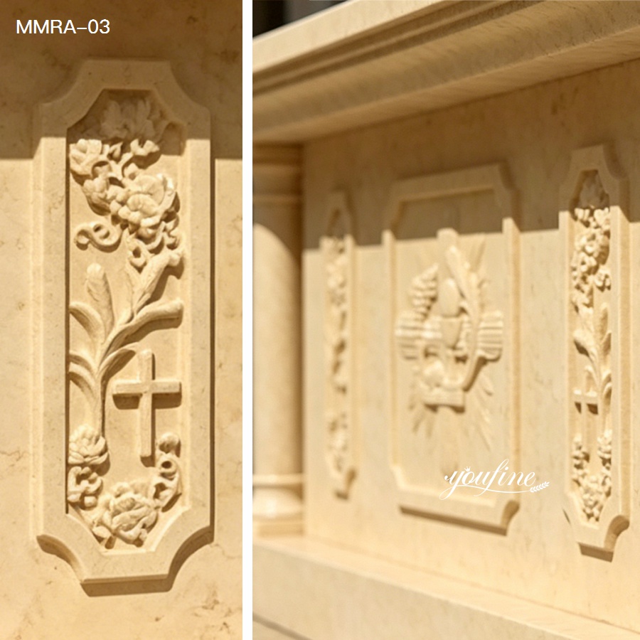 Detailed Hand Carving on Marble Church Altar Panel with Religious Symbols